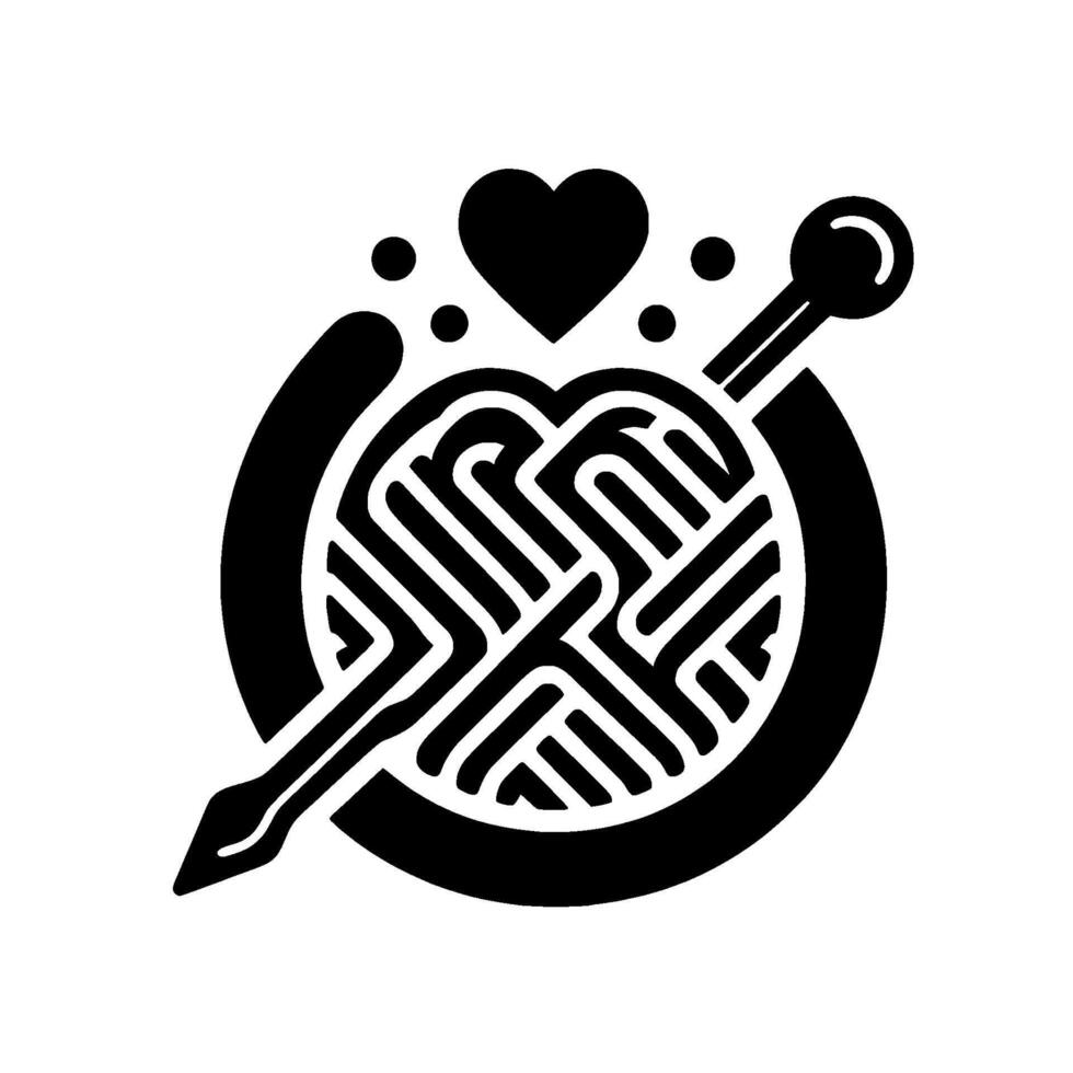 Black and white illustration of a yarn ball shaped like a heart with a knitting needle, love and craft concept. vector