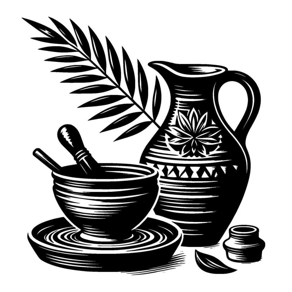 Black White Still Life Pottery Pitcher, Mortar Pestle, Palm Leaf, and Decorative Accents vector