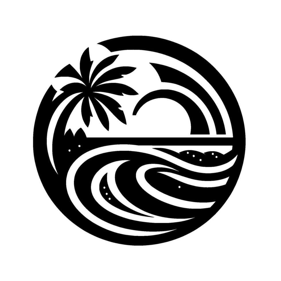 Stylized circular Black silhouette of palm tree, ocean waves, and a cloud over a beach. vector