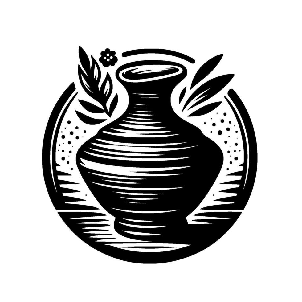 Black and White Linocut Illustration A Vase Centerpiece with Floral Accents, Within a Circular Border, Evoking a Rustic, Artistic Vibe. vector