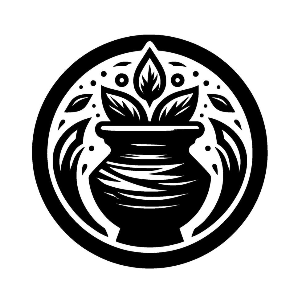 Stylized Black and White Emblem Featuring a Plant in a Decorative Vessel, Surrounded by Abstract, Circular Elements. vector