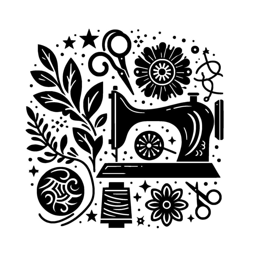Black White Illustration of Sewing Machine with Floral Elements, Scissors, Thread, and Starry Accents, a Creative Needlework Composition. vector