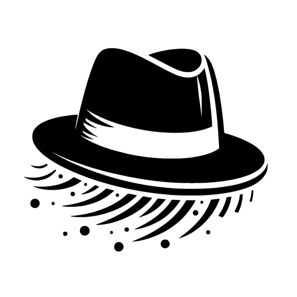 Stylized Black Fedora Hat with White Band and Whimsical, Floating Decorative Elements, on a Clean White Background. vector