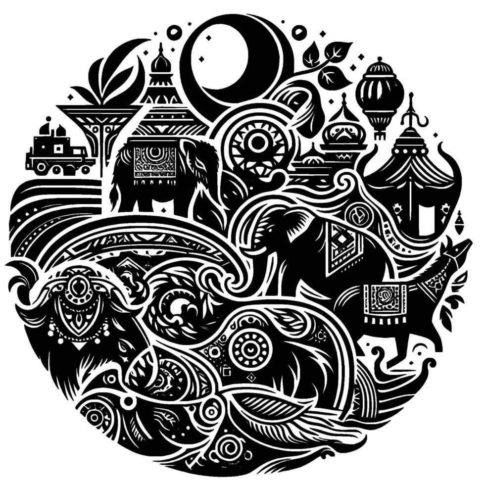 Intricate Black and White Circular Illustration of Elephants, Horses, and Festive Elements with Ornamental Details Under a Crescent Moon. vector