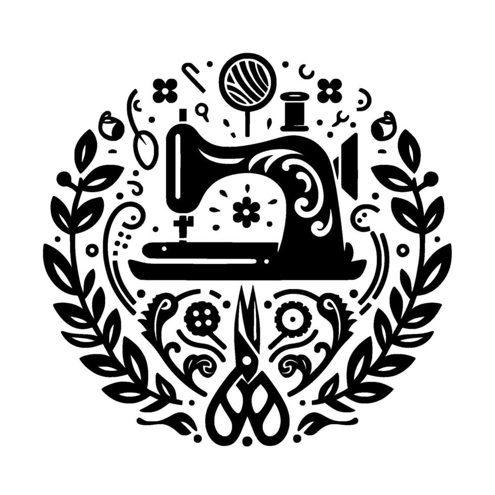 A stylized black and white circular illustration featuring a sewing machine surrounded by decorative elements leaves, flowers, and tools. vector