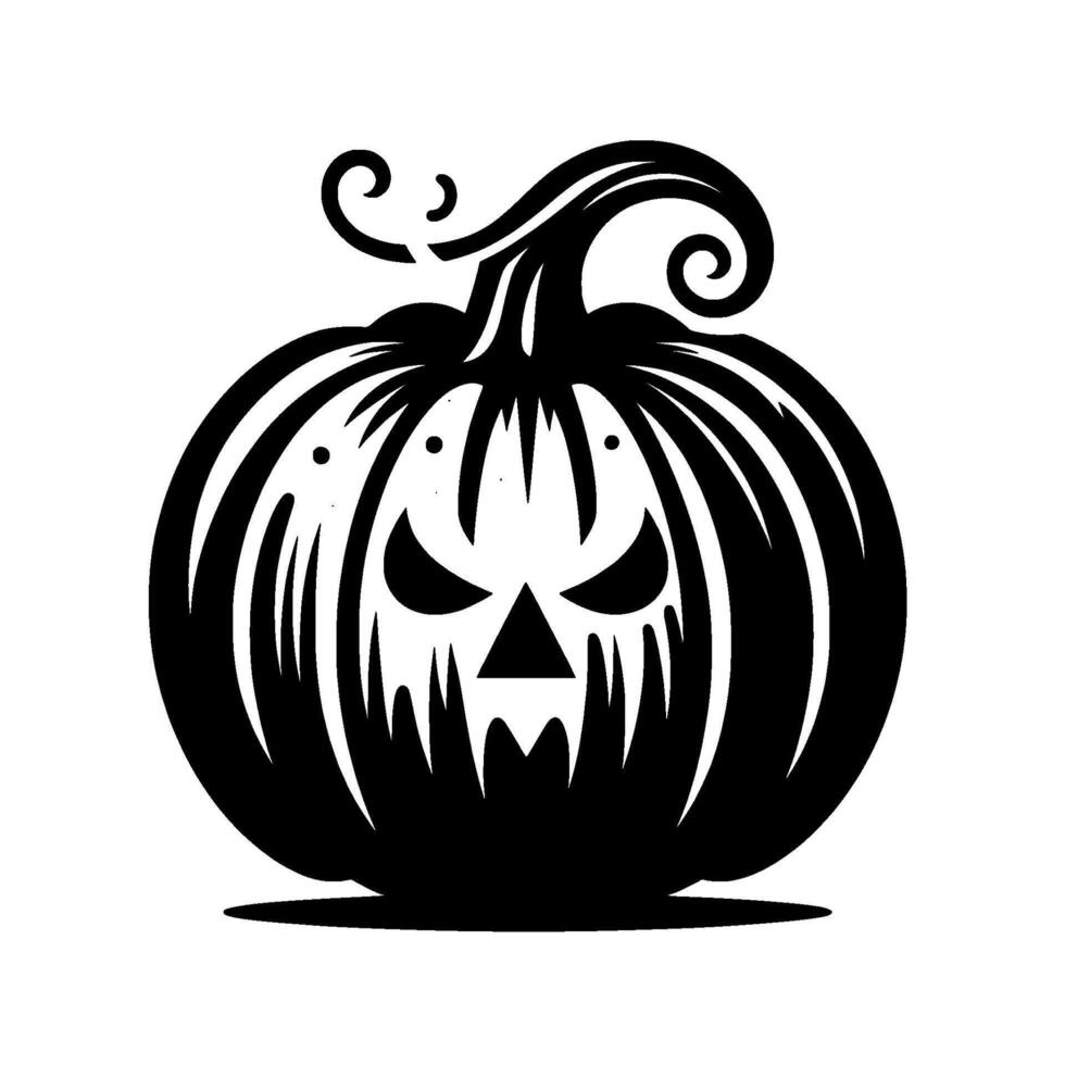 Spooky Black and White JackoLantern with Fierce Expression, Swirling Stem, and Classic Halloween Aesthetic on a White Background. vector
