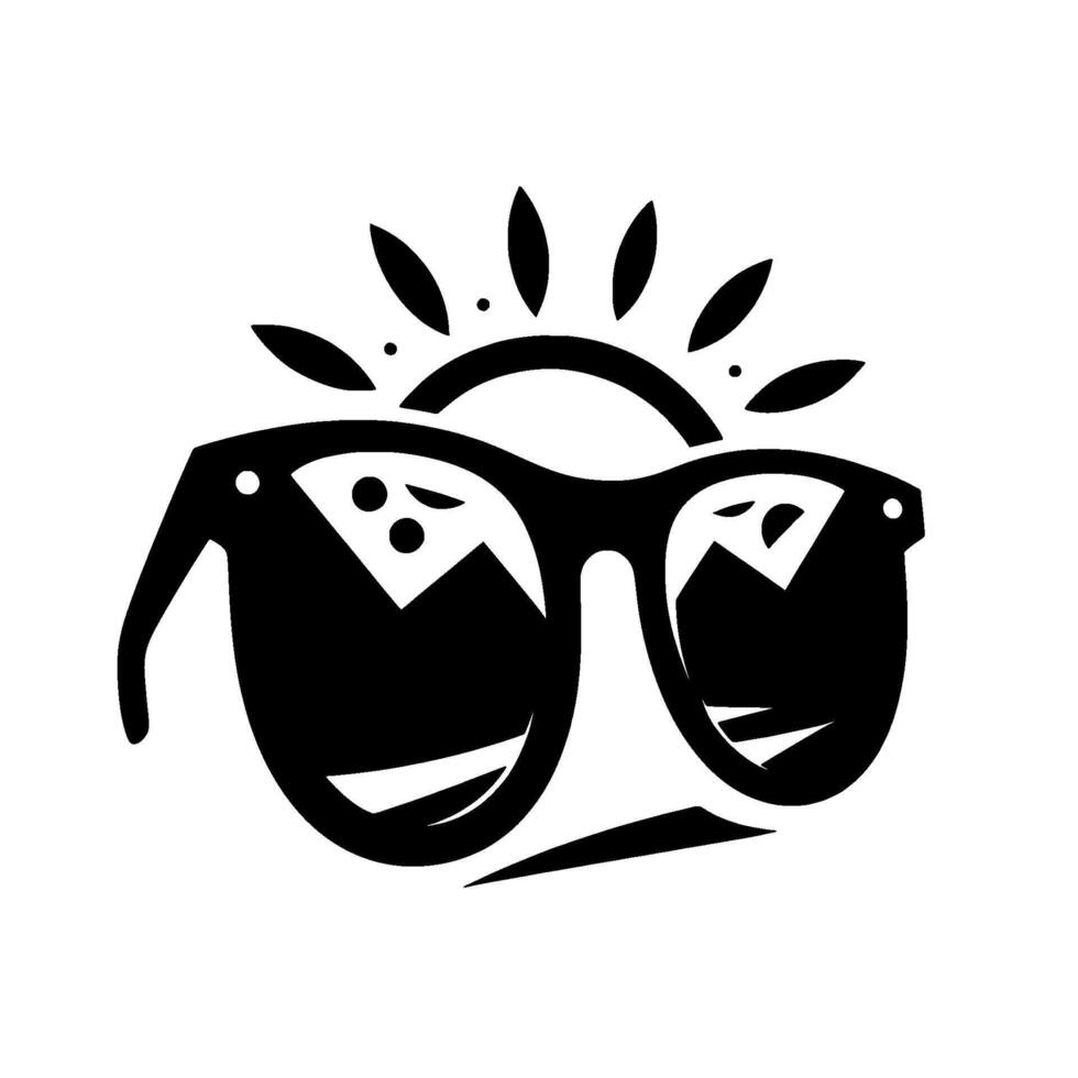 Black and White Sunglasses Reflecting a Mountain Landscape with a Sunburst Motif, Representing Summer Travel. vector