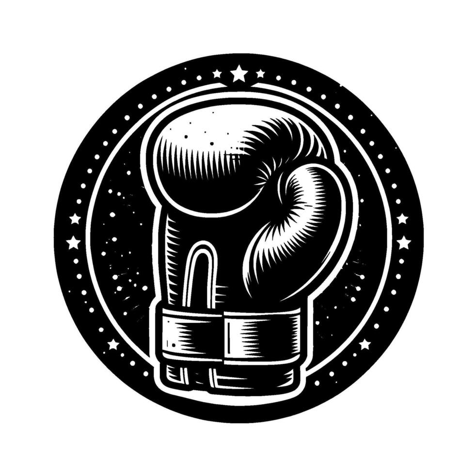 Bold Monochrome Boxing Glove Emblem Within a StarEncrusted Circular , Celebrating Strength. vector