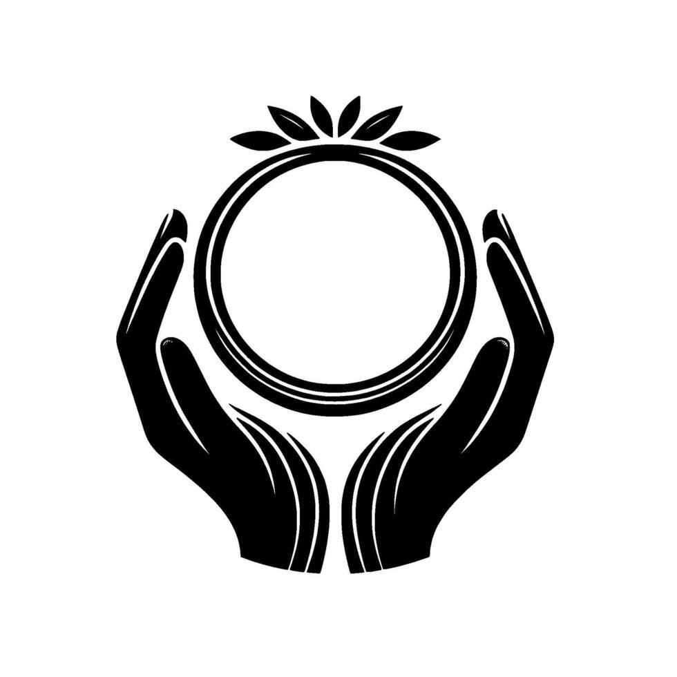 Elegant Black White Symbol of Nurturing Hands Holding a Ring Adorned with Leaves, Illustrating Care Support. vector