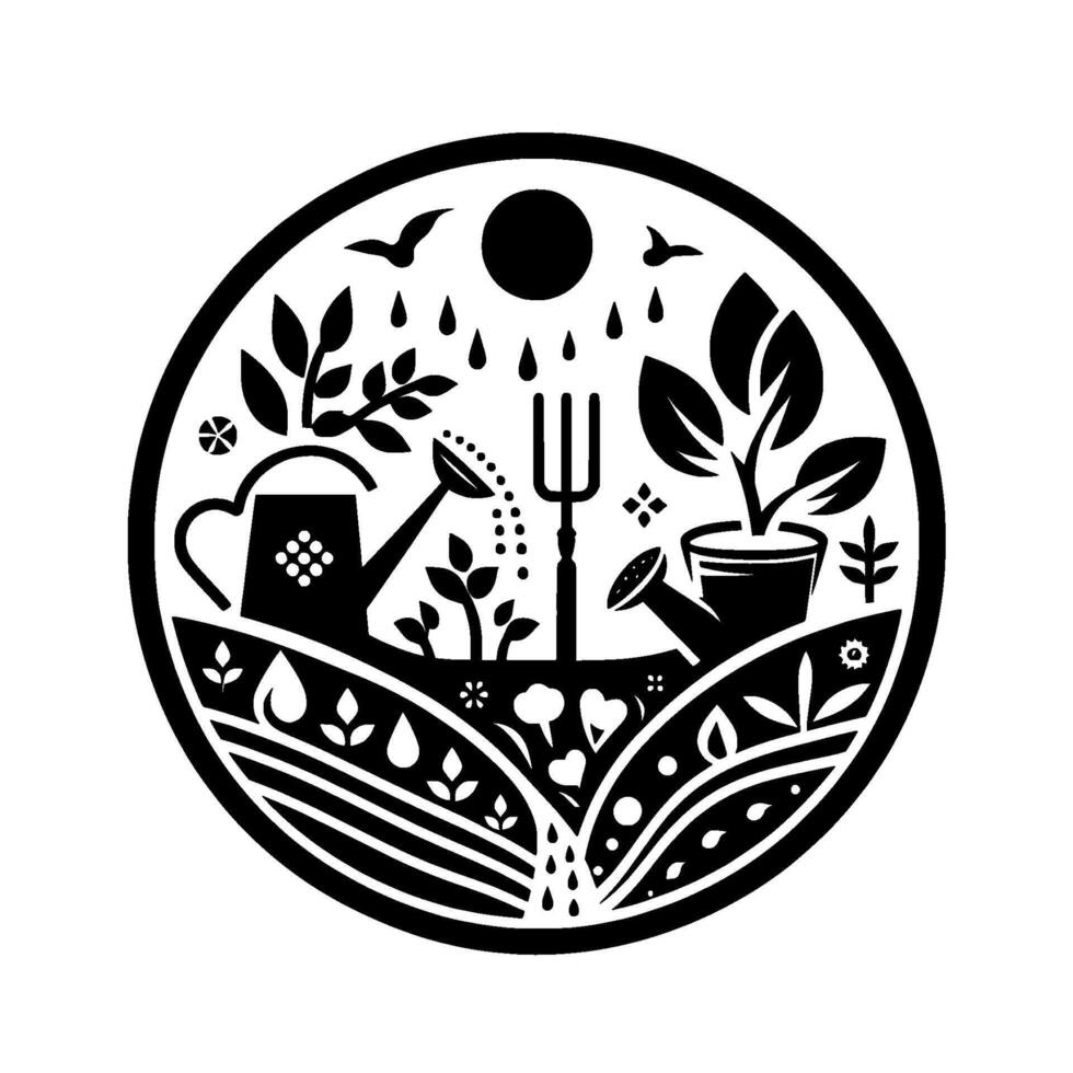 Symbolic black and white illustration of a circular garden scene with watering cans, plants, tools, and a sun under a raining sky, showcasing growth and cultivation. vector