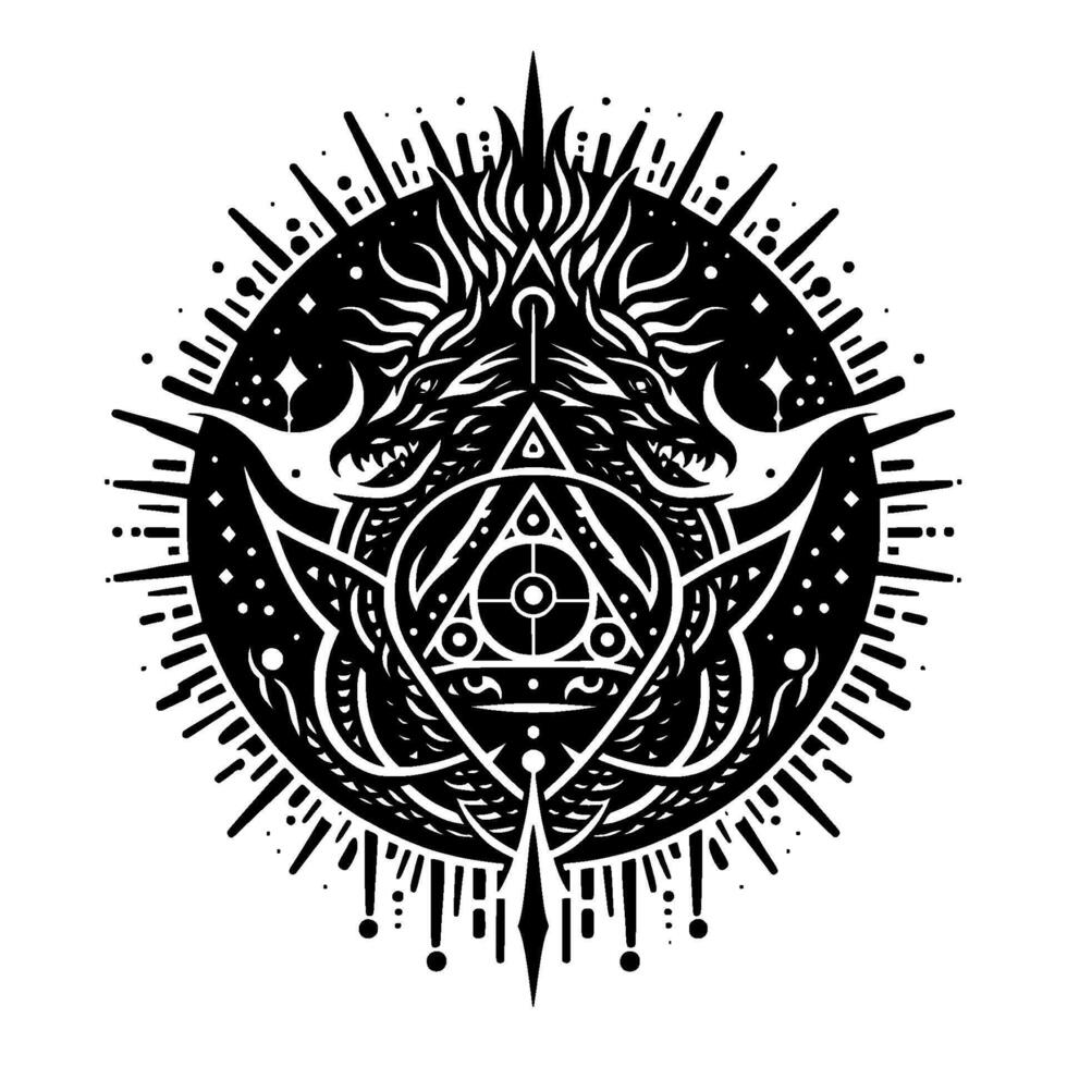 A symmetrical black and white occult illustration featuring a central triangle with dragons, surrounded by radial elements in a circular . vector