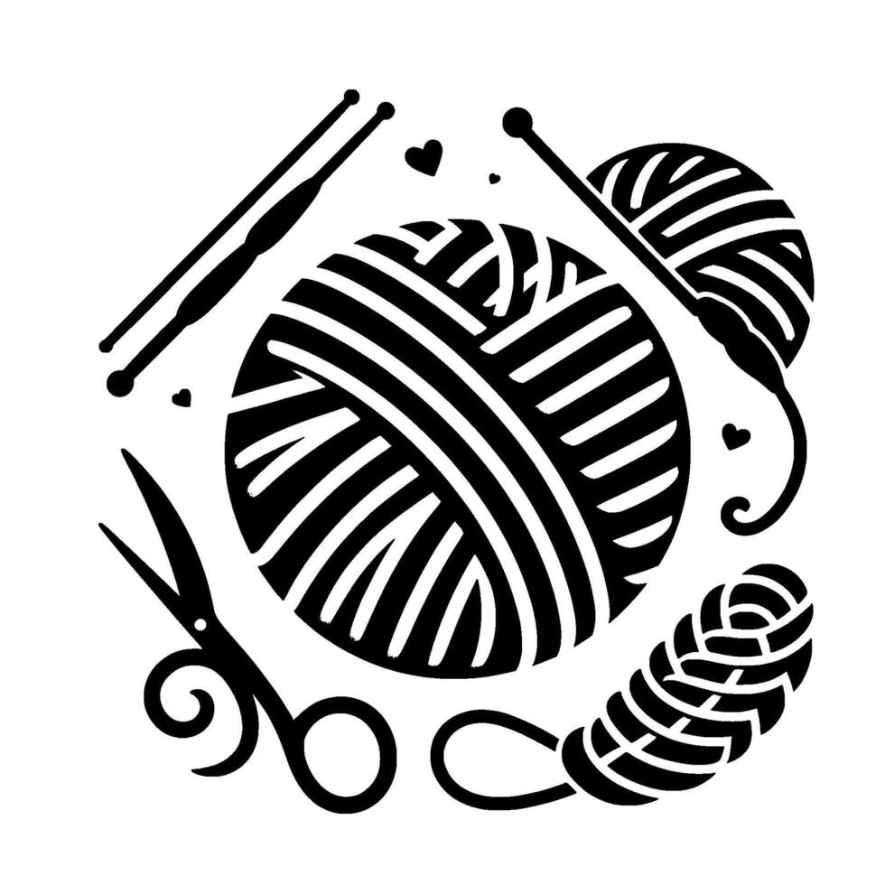 A stylized monochrome illustration of knitting and crocheting tools, balls of yarn, and hearts, creating a crafty and artistic . vector