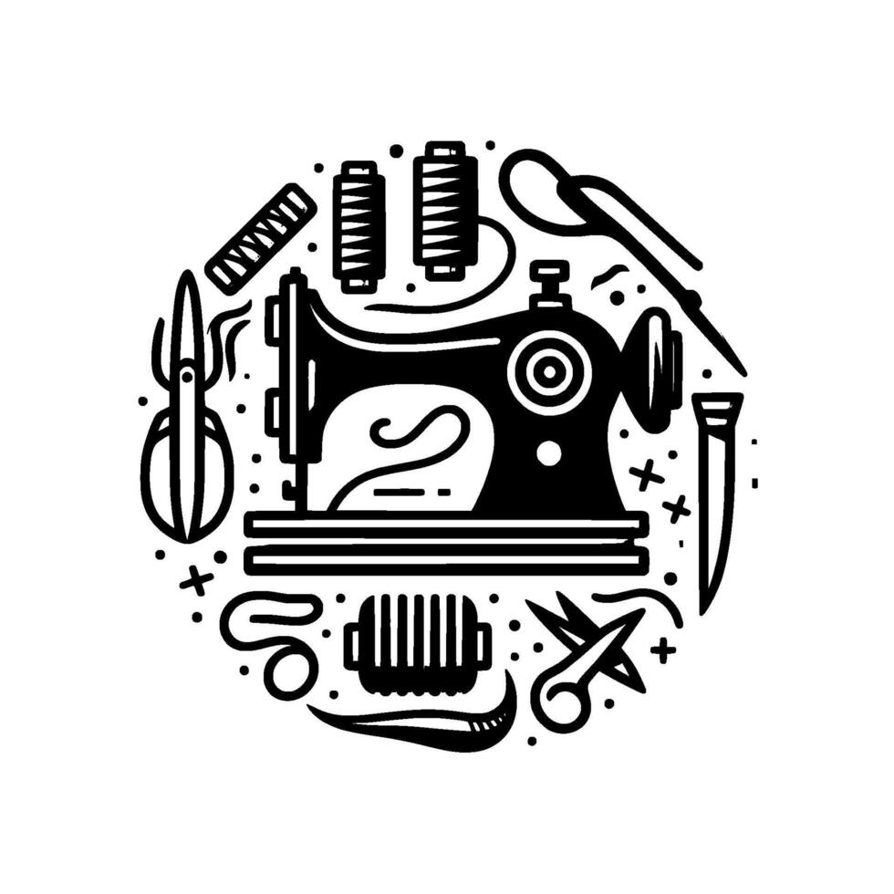 Circular, monochromatic illustration of sewing tools machine, thread, scissors, needles, and other craft accessories, arranged in a pattern. vector