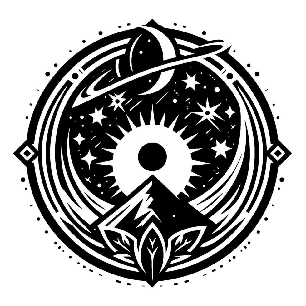 Celestial Black White Mandala Solar Flare, Mountain, Planet, Crescent, and Starry Cosmos Within a Geometric Circle. vector