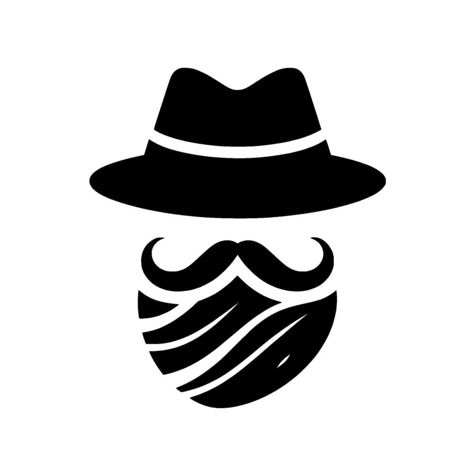 Black and White Illustration of a Fedora Hat, Curled Mustache, and Full Beard, a Stylish Gentlemans Silhouette. vector