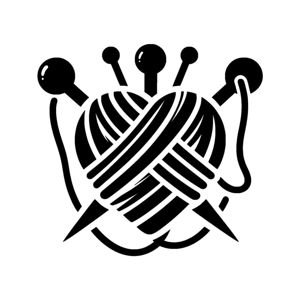 HeartShaped Yarn Ball with Knitting Needles A Black and White Silhouette Depicting Craft and Handmade Art. vector