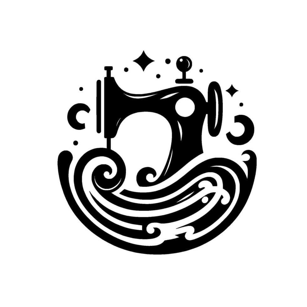 Circular Black Silhouette of a Vintage Sewing Machine Surrounded by Swirling Decorative Embellishments and Sparkles, on a White Background. vector