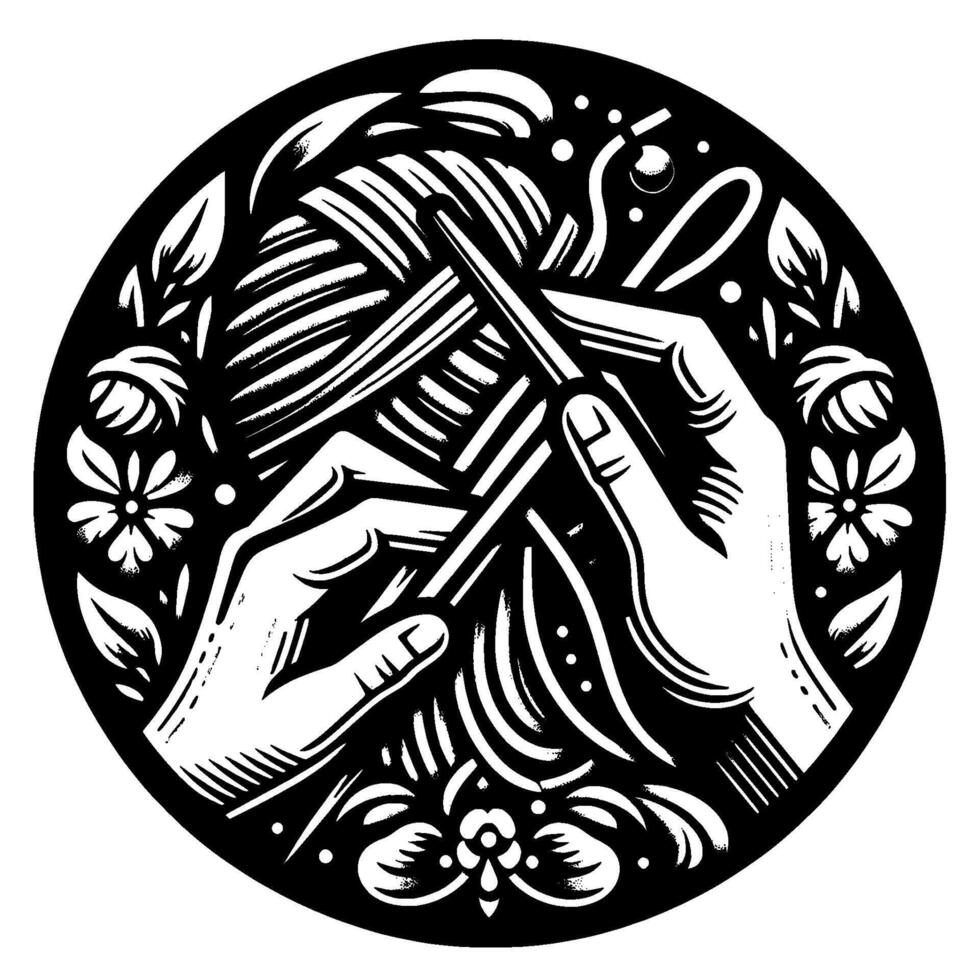 Black White Circular Illustration of Hands Knitting Yarn with Floral Border and Needlework Tools vector