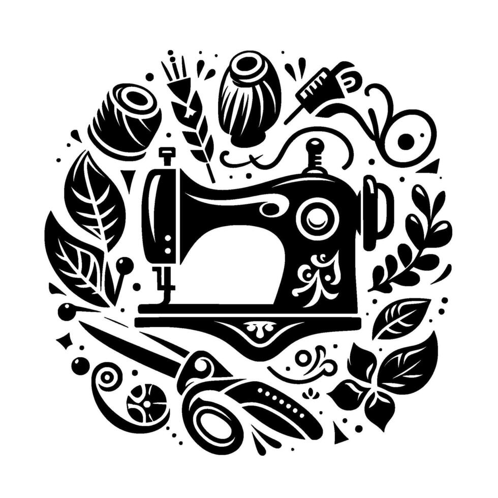 Circular Black and White Illustration of Sewing Machine, Tools, and Floral Elements, Perfect for Crafting, Tailoring, and Textile . vector