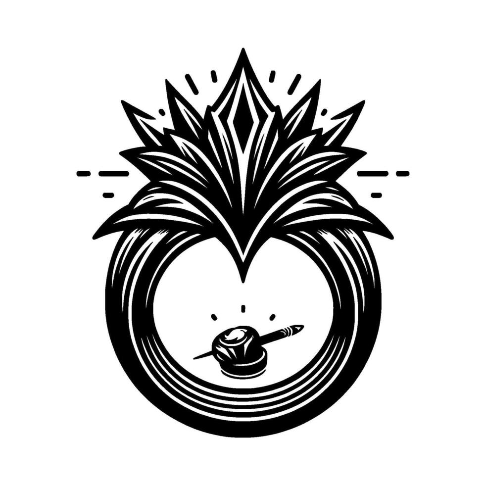 Ornamental Black and White Tattoo Symbol with a ring of stylized leaves, tattoo gun, and sunburstlike . vector