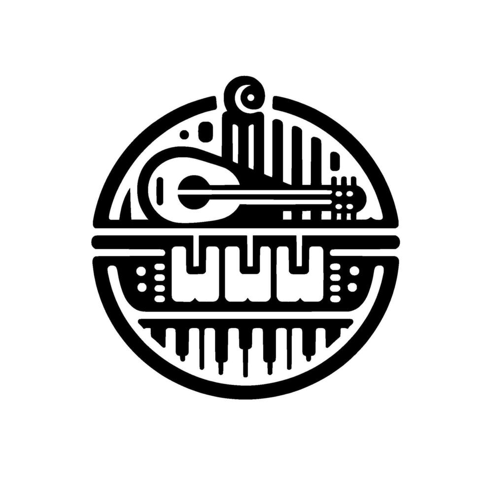 A stylized, symmetrical black and white music featuring a guitar and piano keys within a circular frame. vector