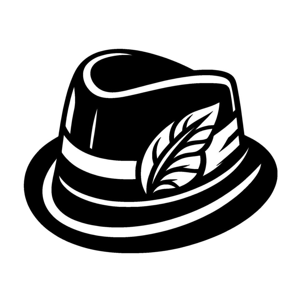 Sleek, black and white illustration of a fedora hat with a contrasting, stylized feather embellishment, showcasing elegant . vector