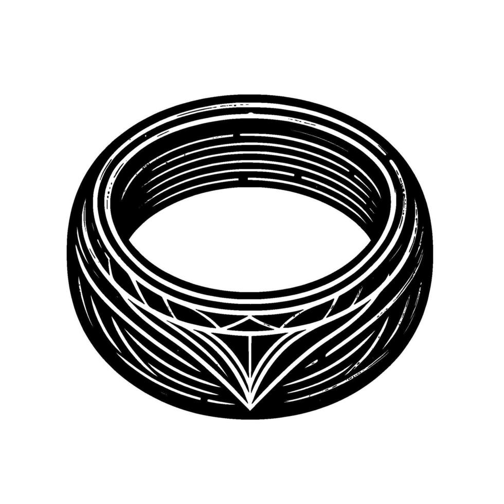 Intricate Black and White Ring with Geometric Patterns and Textured Lines, Isolated on White Background. vector