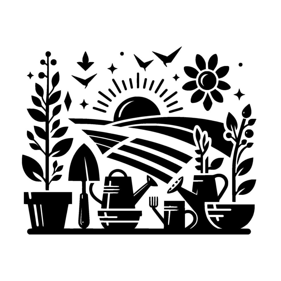 Black and white stylized illustration a serene garden scene featuring tools, plants, sun, and birds, perfect for serene spring and summer. vector