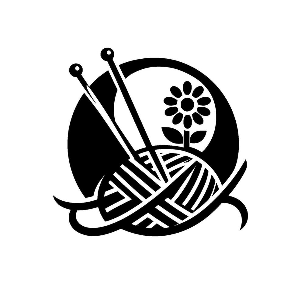 Black and white illustration of knitting needles, yarn, and flower silhouette inside a circle, symbolizing handmade crafts. vector