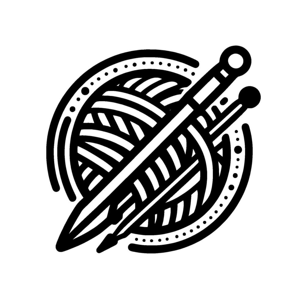 Black and White Line Art of Yarn Ball and Knitting Needles, Minimalist Craft vector