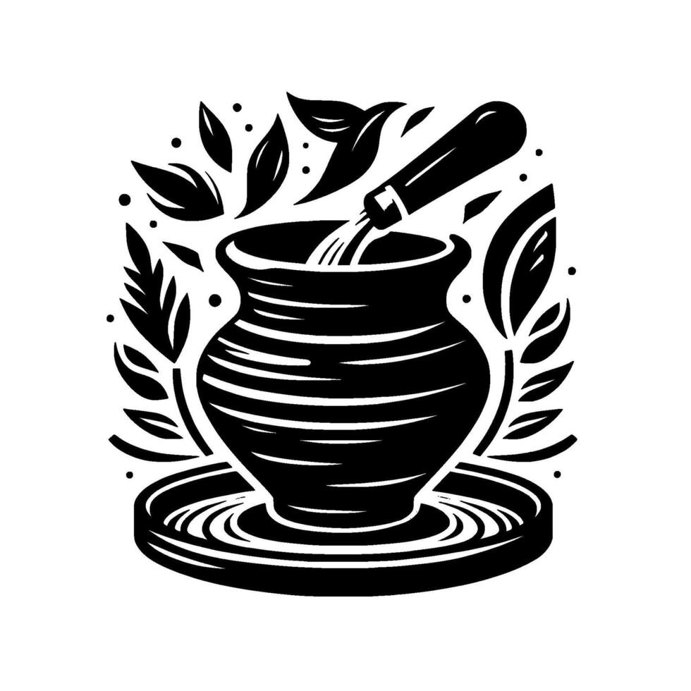 Stylized Black White Pottery Illustration with Leaves and a Tool Dipping into a Vessel, Depicting Craftsmanship vector