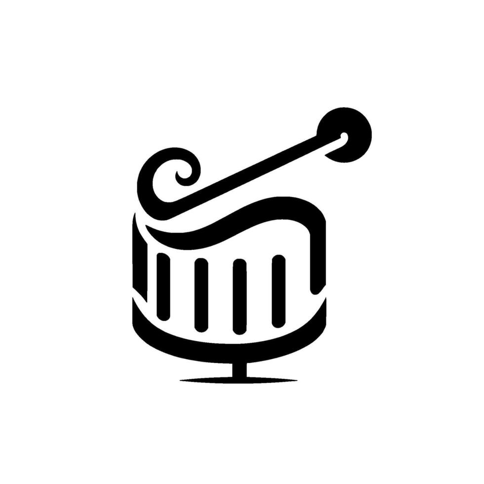 Stylized monochrome of a drum with a stylized beater, featuring an elegant swirl and vertical bars. vector