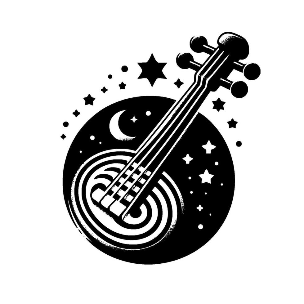 Black and white banjo illustration, featuring a starry night sky with a crescent moon over the instruments body, evoking a sense of music. vector