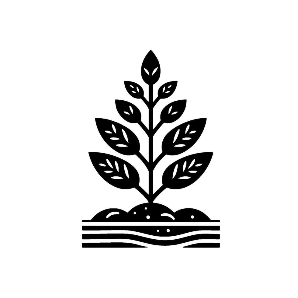 Minimalist Black and White Illustration of a Plant with Detailed Leaves Growing in a Layered Soil Base, Symbolizing Growth and Nature vector