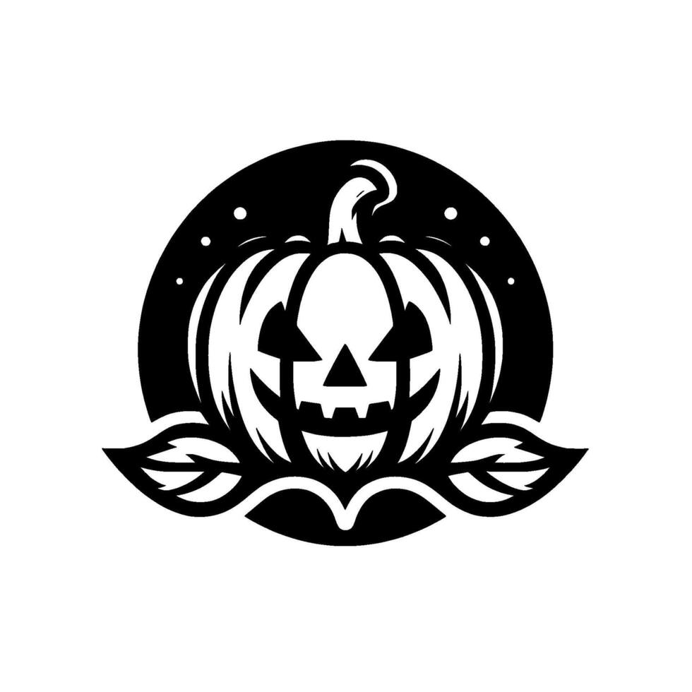 Stylized Black and White Halloween Pumpkin Emblem with a Grinning Face, Set Against a Circular Background with Dots and Leafy Accents. vector