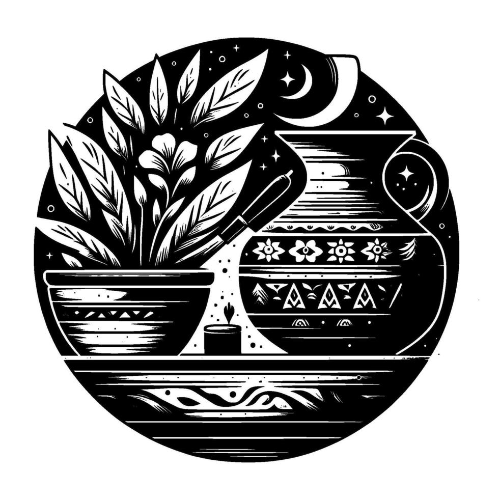 Decorative Black White Illustration of a Botanical Still Life with Pottery, Plants, a Candle, and Celestial Elements in a Circle. vector