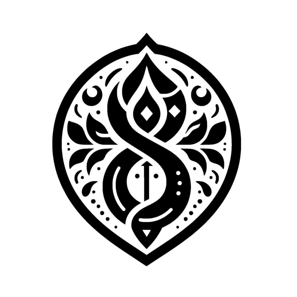 Intricate Black and White Geometric Emblem Stylized YinYang and Floral Elements, Symmetrical , Isolated on White. vector