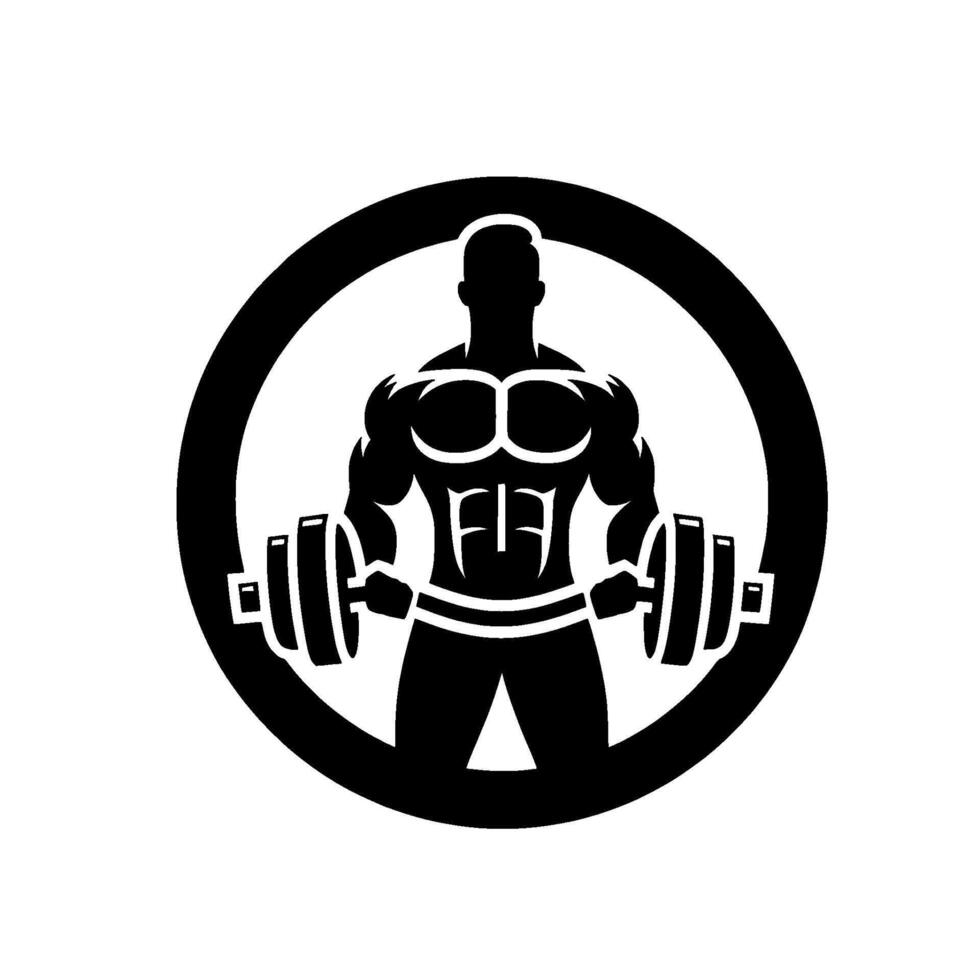 Silhouette of a muscular weightlifter centered inside a black circle, holding a barbell, representing strength and fitness. vector