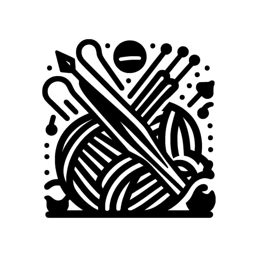 Bold Black and White of Yarn Ball, Needles, Crochet Hook, and Circular Composition in Crafting Theme vector