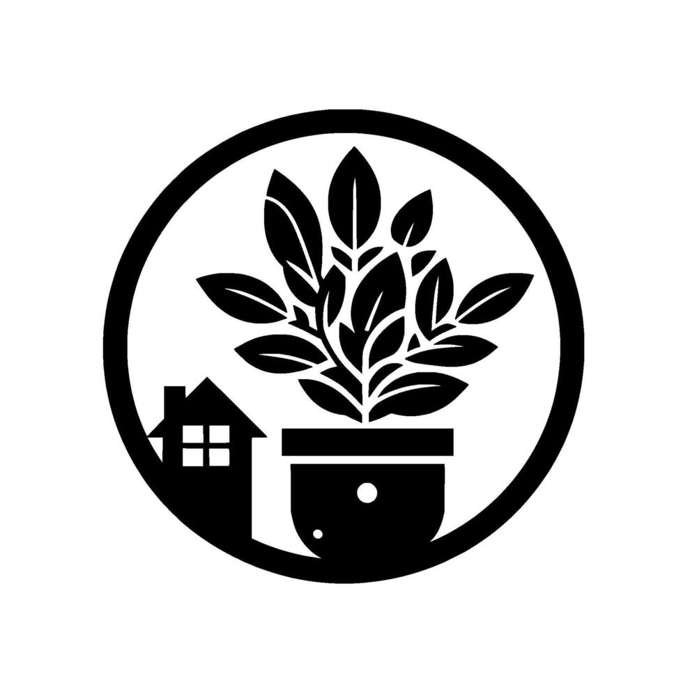 Black and white circular featuring a house silhouette beside a potted plant, symbolizing home and nature. vector