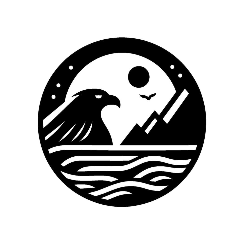 Black and white circular featuring an eagles profile emerging from stylized waves, mountains, sun, and bird, under a starry sky. vector