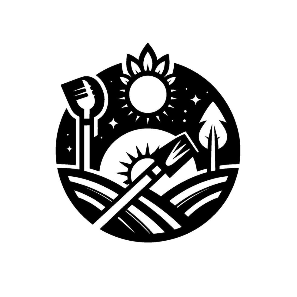 Black and white circular showcasing farming landscape with a shovel, fork, sun, tree, and starry sky, symbolizing nature. vector