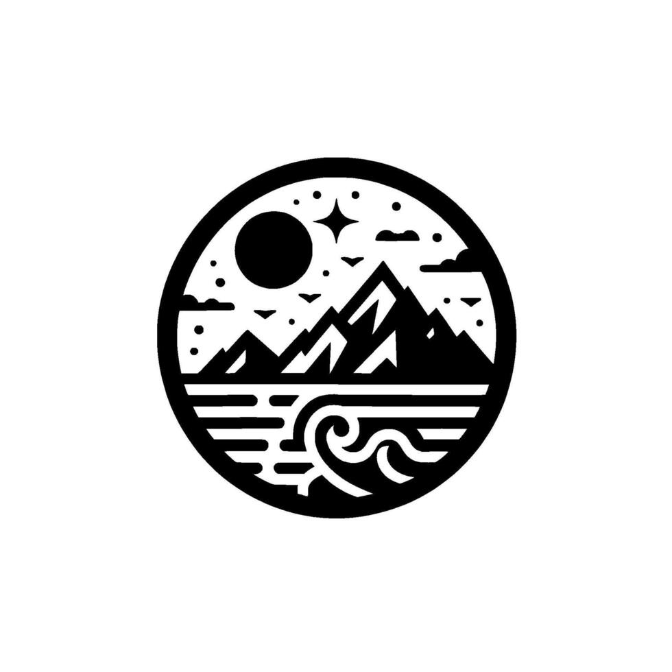 Circular Monochrome Mountains, Sea, Sun, Stars, and Clouds in a Simple, Geometric, and Stylized Nature Scene. vector