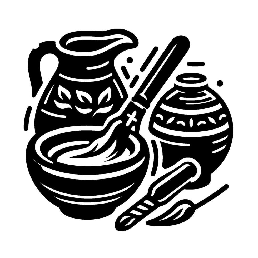 Minimalist Black and White Illustration of Pottery, Bowl, Pitcher with Leaves, and MortarandPestle utensils on white. vector