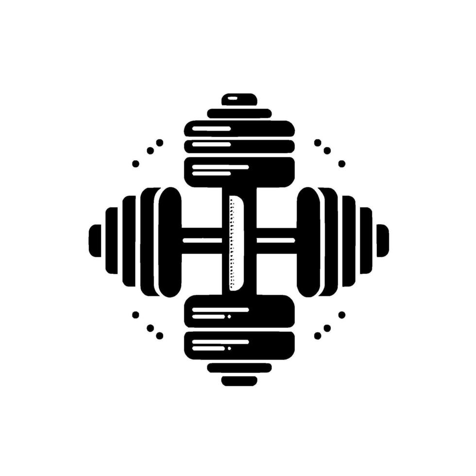 Symmetrical dumbbell in monochrome with dotted circle, representing strength, fitness, and workout, on white background. vector