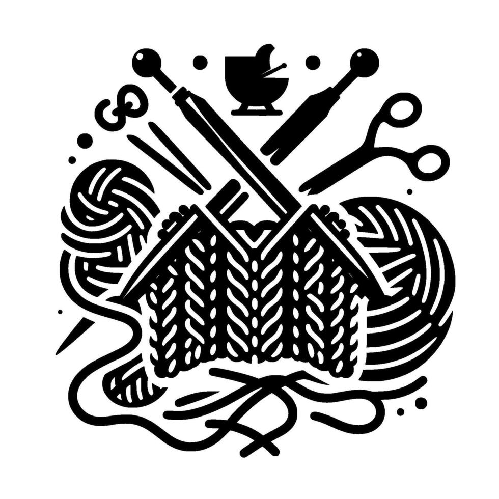 Black and White Knitting Illustration Featuring Yarn Balls, Needles, Scissors, and a Babys Crib Symbolizing Craftsmanship and Hobbies. vector