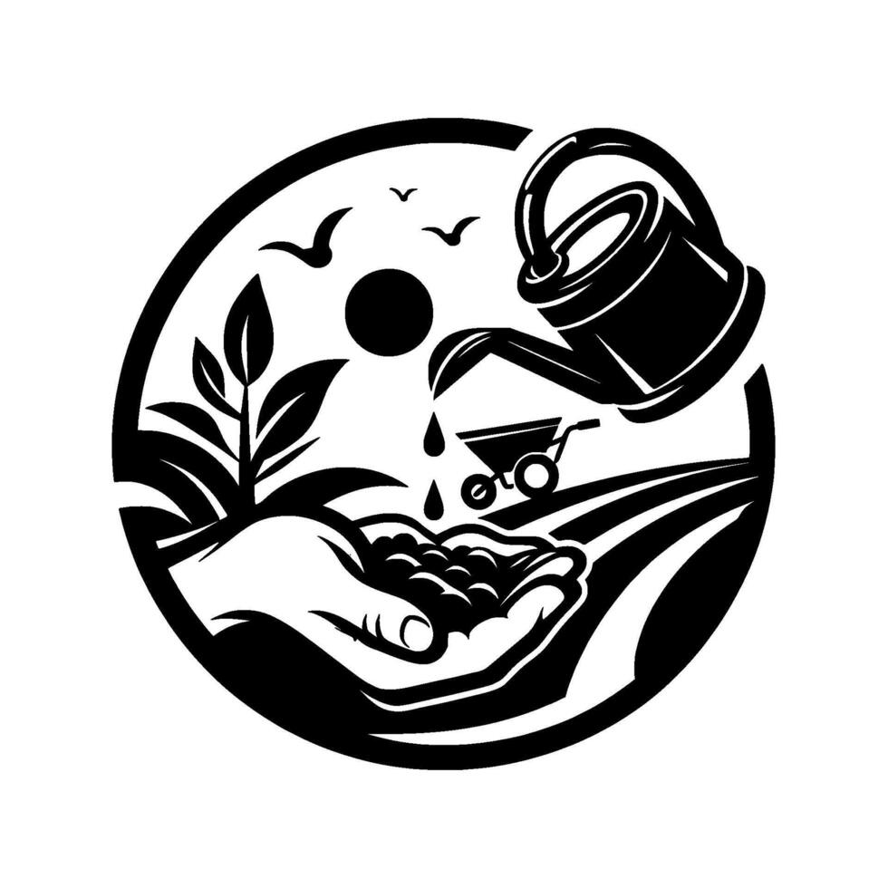 Black and White Circular Hand cradling seeds, watered by a pouring can, surrounded by crops, birds, and sun. vector