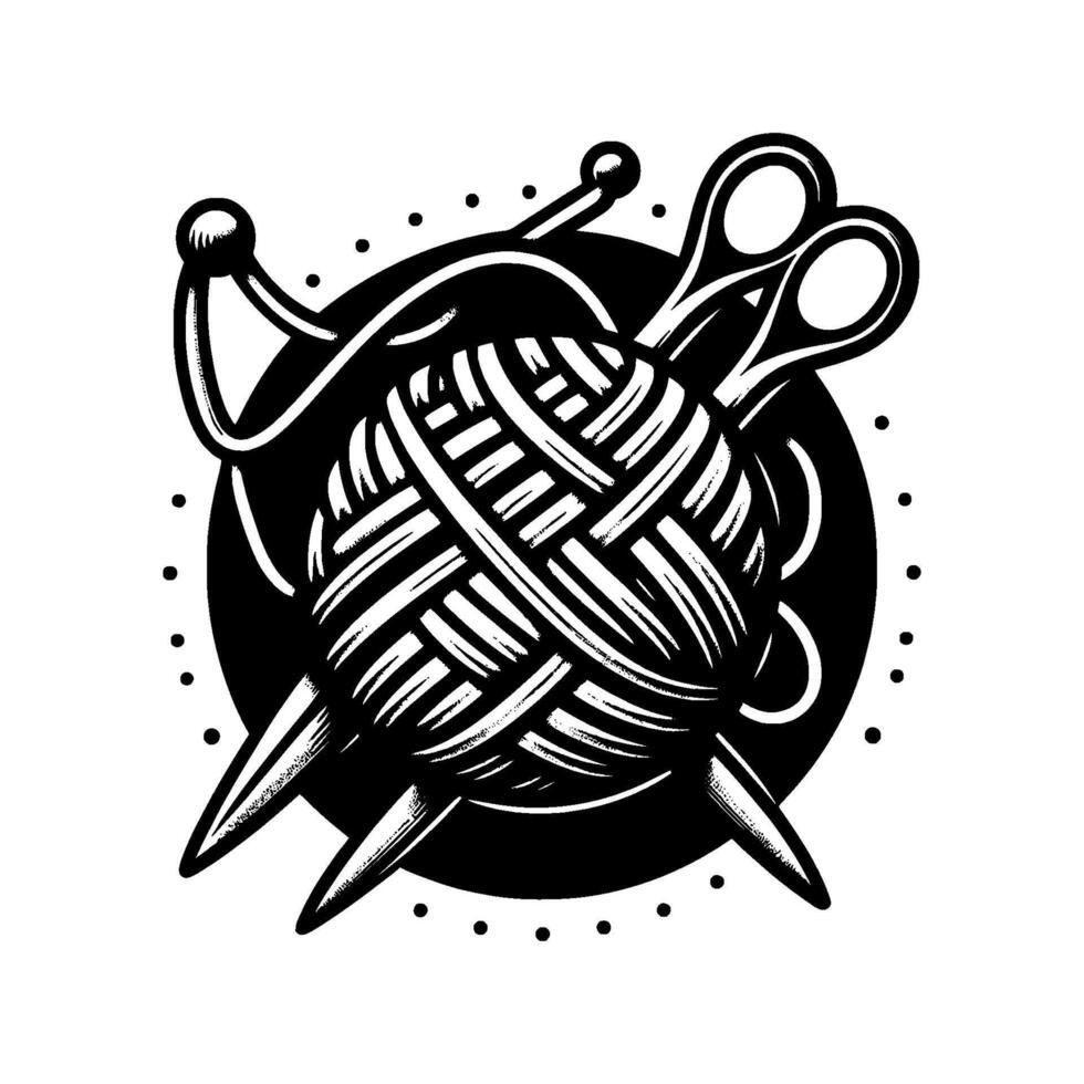 A minimalist black and white illustration of crafting tools, featuring a skein of yarn intertwined with needles and scissors, set against a circular backdrop. vector