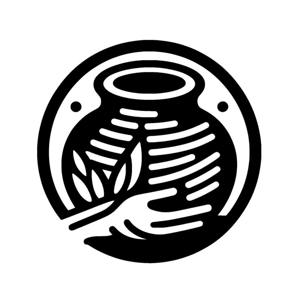 Symbolic Black and White Illustration Hand cradling a plant, inside a circular vessel within a circular frame. vector