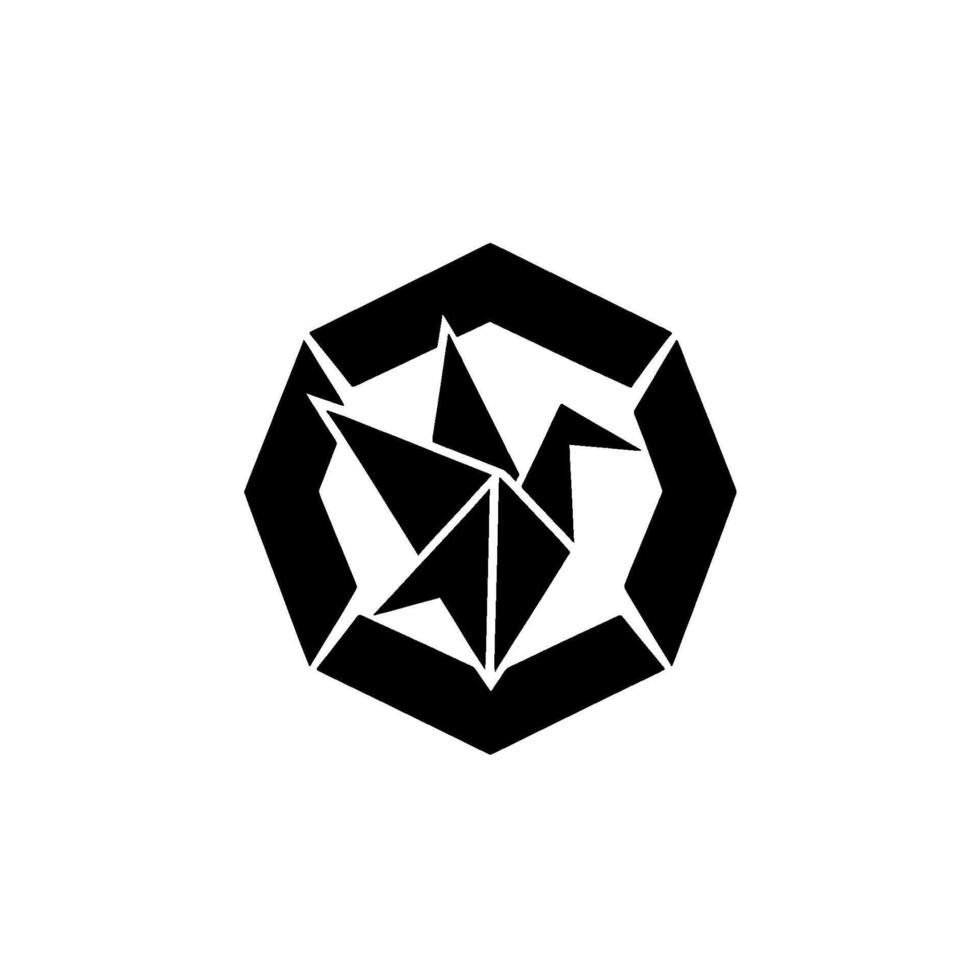Geometric origami crane nestled within a heptagonal frame, rendered in stark black and white against a minimalist background. vector